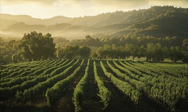 Vineyard in late afternoon light with long shadows AI generated