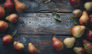 Top view of assorted pears on a rustic wooden table AI generated