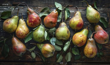 Top view of assorted pears on a rustic wooden table AI generated