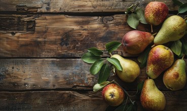 Top view of assorted pears on a rustic wooden table AI generated