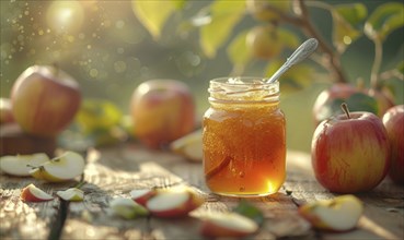 Jar of apple jam on a rustic wooden table AI generated