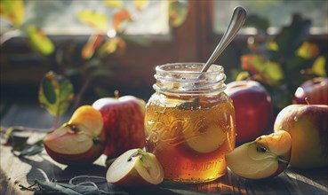 Jar of apple jam on a rustic wooden table AI generated