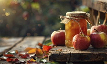 Jar of apple jam on a rustic wooden table AI generated