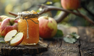 Jar of apple jam on a rustic wooden table AI generated