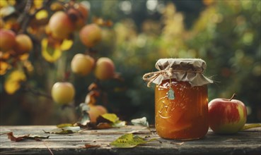 Jar of apple jam on a rustic wooden table AI generated