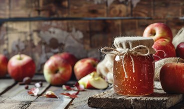 Jar of apple jam on a rustic wooden table AI generated