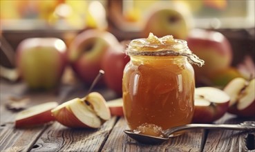 Homemade apple jam in a mason jar AI generated