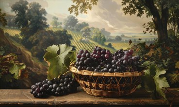 Grapes in a woven basket with a pastoral backdrop AI generated