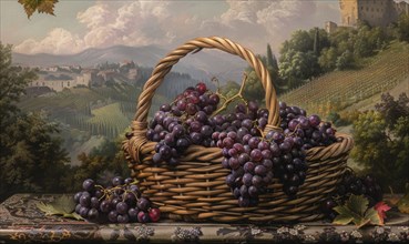 Grapes in a woven basket with a pastoral backdrop AI generated