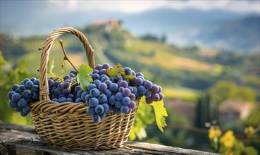 Grapes in a woven basket with a pastoral backdrop AI generated