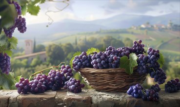 Grapes in a woven basket with a pastoral backdrop AI generated