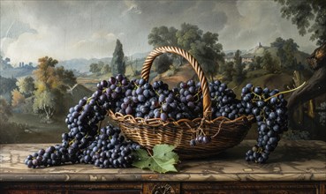 Grapes in a woven basket with a pastoral backdrop AI generated