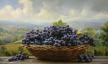 Grapes in a woven basket with a pastoral backdrop AI generated