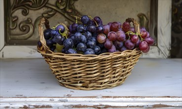 Grapes in a woven basket on a white market table AI generated