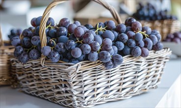 Grapes in a woven basket on a white market table AI generated