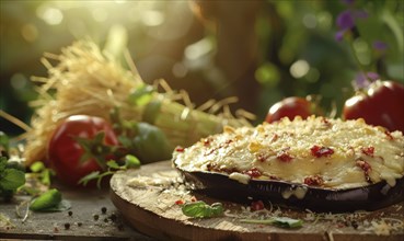 Eggplant parmesan on a rustic wooden table, soft sunlight AI generated