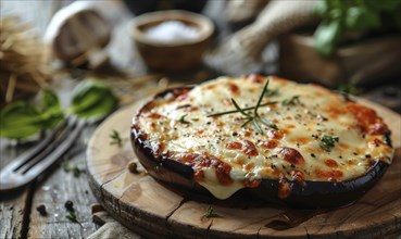 Eggplant parmesan on a rustic wooden table, soft sunlight AI generated