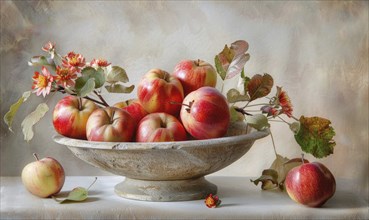 Close-up of autumn apples in a stone bowl AI generated