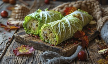 Cabbage rolls on a rustic wooden table, soft natural light AI generated