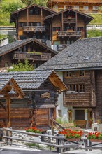 Old wooden houses in the historic village centre, Grimentz, Val d'Anniviers, Valais Alps, Canton