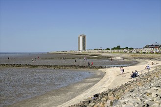 Fortified bank between Wadden Sea and dyke, Büsum, Dithmarschen, Schleswig-Holstein, Germany,