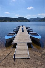 Jetty with moored boats on the Schluchsee, surrounded by mountains and forests, under blue sky,