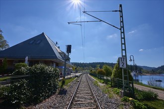 Railway tracks lead through a sunny landscape, surrounded by nature and the Schluchsee, railway