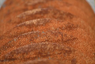 Grunge background of rusted plough shares on an old cultivator