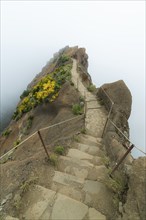 Pico do Arieiro. Stairs on the Hiking Trail and Clouds. Madeira, Portugal, Europe