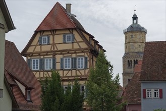 View from the Pfarrgasse to the church tower of St Michael, Michaelskirche, Kochertal, Kocher,