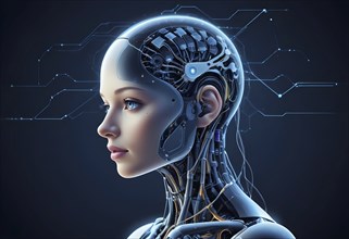 A female android in profile, showcasing intricate circuitry and human-like features, AI generated