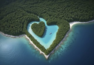 Aerial view of a heart-shaped island surrounded by clear blue water and lush greenery, AI generated