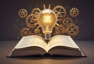 Open book with a glowing light bulb and gears symbolizing innovation and knowledge, AI generated