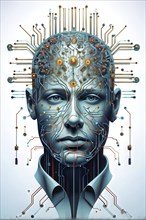 Illustration of a human brain merging with a man's head intertwined with microchips and a