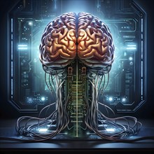 Illustration of a human brain intertwined with microchips and a processor, AI generated