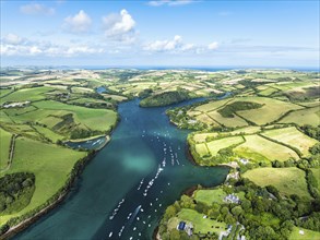 Salcombe and Mill Bay over Kingsbridge Estuary from a drone, Batson Creek, Southpool Creek, Devon,