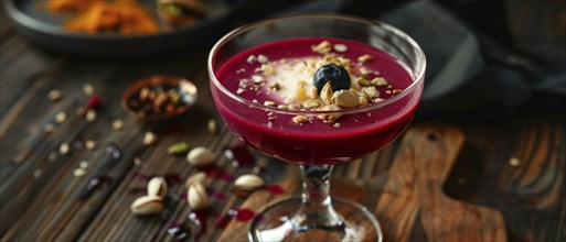 Red drink with a blueberry and pistachios on a wooden table with seeds, AI generated