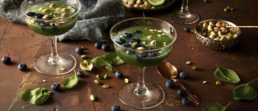 Green drink with blueberries, pistachios, and leafy greens on a rustic table, AI generated