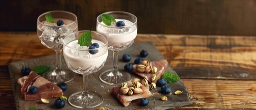 Three glasses of cocktail garnished with blueberries and mint leaves on a rustic serving board, AI