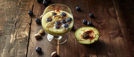 Exotic drink with avocado and blueberries on a rustic wooden background, AI generated