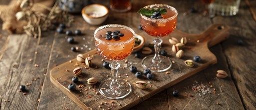 Inviting cocktail glasses with blueberries and pistachios on a rustic wood surface, AI generated