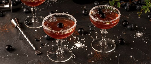 Sophisticated cocktail glasses with blueberries and sugar rims on an elegant dark background, AI