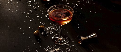 Sophisticated dark cocktail in a glass with a sugar rim, set in dim light creating elegant moody