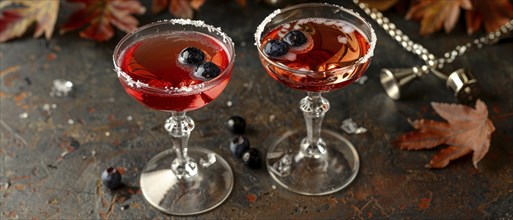 Festive cocktail glasses with blueberries and sugar rims, surrounded by autumn leaves, AI generated