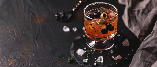 Stylish cocktail with olives and blueberries, presented in an elegant glass on a dark textured