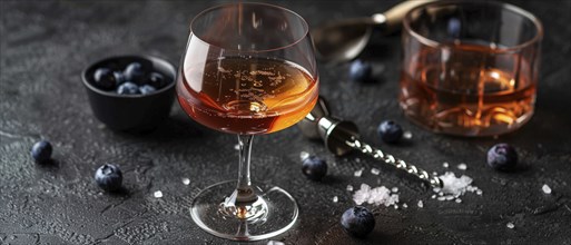 Elegant cocktail glass with a sophisticated drink and blueberries on a dark moody background, AI