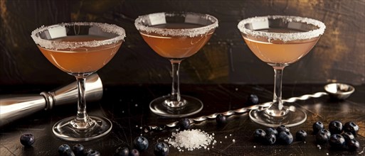 Three cocktails with sugar rims arranged on a dark surface with scattered blueberries, next to a