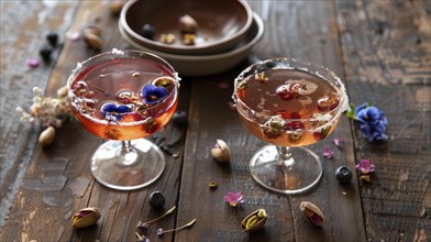 Two sophisticated cocktails garnished with flowers on a rustic wooden table with pistachios and