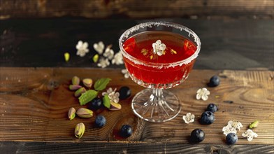 A delicate red cocktail with blueberries and white flowers on a rustic wooden table, AI generated