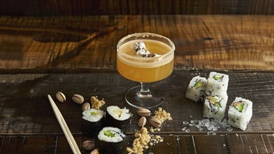 Orange cocktail and sushi rolls on a rustic wooden table, with pistachios and gourmet elements, AI